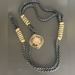 Vintage Cloisonné Floral Stretch Belt Black Gold 33–38”